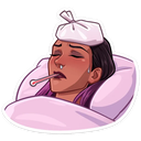 A person lying in bed with a thermometer in their mouth and an ice pack on their forehead looking exhausted.