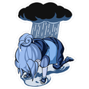 A girl with light blue hair kneeling in a puddle while a dark rain cloud pours water over her head.