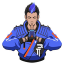 A man with blue-streaked hair performing a respectful prayer or bowing gesture with his hands together.