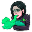 A woman with a pale face looking nauseous while exhaling a cloud of green toxic gas.