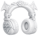 White headphones decorated with bat wings and a rose on the headband.