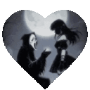 A grim reaper kneels to propose to a gothic girl inside a heart-shaped frame under a full moon.