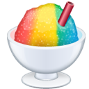 Shaved ice in a bowl with rainbow syrup and a spoon.