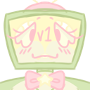 A television-headed character with a blushing, bashful expression and a pink bow.