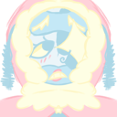 A stylized cartoon character with blue skin and yellow hair looking dazed and confused with a soft pink background.