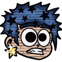 A cartoon character with blue star-patterned hair and wide, panicked eyes looking stressed.