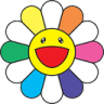 A colorful flower with white, pink, orange, yellow, green, blue, and purple petals surrounding a yellow face with a wide, ha…