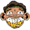 Cartoon face with wide eyes and a massive, toothy grin displaying intense, chaotic energy.