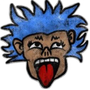 A cartoon face with spiky blue hair sticking its tongue out in a defiant expression.