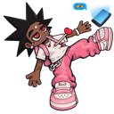 A stylized character with spiky black hair and pink clothing performs a dynamic, mid-air pose.