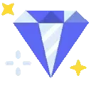 A stylized pixel art blue diamond with a small yellow sparkle icon next to it.