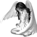 A winged figure sitting with head bowed in a sorrowful, monochromatic style.