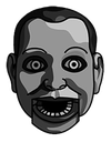 Ventriloquist dummy face with wide, staring eyes and a hinged jaw in grayscale.
