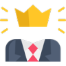 A headless figure in a dark suit and white shirt with a red tie, wearing a large golden crown.