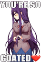 Anime girl with long purple hair blushing and holding her hands with the text You're So Goated and a red heart.