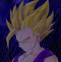 A spiky-haired anime warrior with a golden glow bowing their head while standing in the rain.
