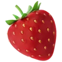 A single, bright red strawberry with green leaves and visible seeds.