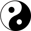 Taijitu symbol featuring a black and white swirling design with contrasting dots.