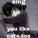 An anime couple embracing with the text omg you like cats too overlaid in white.
