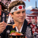 A man wearing a Japanese hachimaki headband and kimono holds chopsticks with a piece of sashimi over a bowl of food.