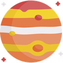 Planet with orange and yellow bands and a small red spot.