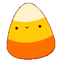 Four candy corn pieces with simple smiling faces arranged in a horizontal row.