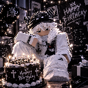 A 3D Roblox avatar sitting behind a dark birthday cake with lit candles in a room decorated with black balloons.