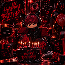 An anime character sits behind a birthday cake with lit candles in a dark, red-lit room.