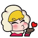 A stylized character with fluffy hair and a blushing face blowing a small red heart from their gloved hand.