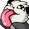 A stylized white creature with large eyes sticking its long pink tongue out in a playful, silly expression.
