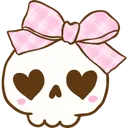A white cartoon skull with heart-shaped eye sockets and a pink checkered bow on its head.