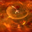 Warrior stands inside a swirling vortex of orange and red flames while unleashing a powerful energy blast.