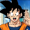 Goku smiling and waving with his hand raised.