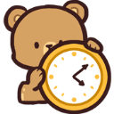 A brown cartoon bear holding a yellow clock and looking at the time.