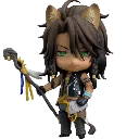A chibi lion-man character with brown hair and ears holds a staff while looking unimpressed.