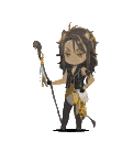 A chibi warrior with long brown hair performs a series of combat poses while holding a staff.