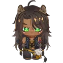 A plushie character with dark hair and bright green eyes looking stern and unimpressed.