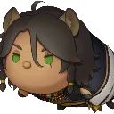 A round, brown-haired character with cat ears and green eyes giving a skeptical, unimpressed side-eye.