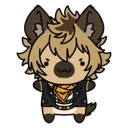 A small chibi hyena with a scowling expression wearing a black jacket and yellow scarf.