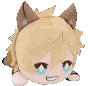 Chibi character with animal ears dancing side to side with a happy expression.