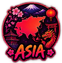 A glowing red map of Asia surrounded by a dragon, Mount Fuji, cherry blossoms, and a lantern with the word ASIA written in...