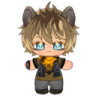 A small plush character with brown hair, animal ears, and bright blue eyes looking unimpressed.
