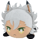 A plush wolf character with white hair and green eyes looking annoyed.
