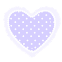 A purple heart with white polka dots and a scalloped white border in a pixel art style.