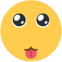 Yellow circular face with large eyes sticking its tongue out in a playful expression.