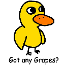A yellow cartoon duck with an orange beak standing and asking for grapes.
