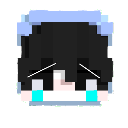 A pixelated character face with black hair and large, bright blue tears streaming down its cheeks.