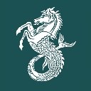 Hippocampus with a horse head and fish tail rendered in white line art against a dark teal background.