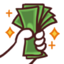 A stylized white hand holding a stack of green paper money against an orange background.