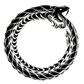 Serpent eating its own tail in a circular shape.